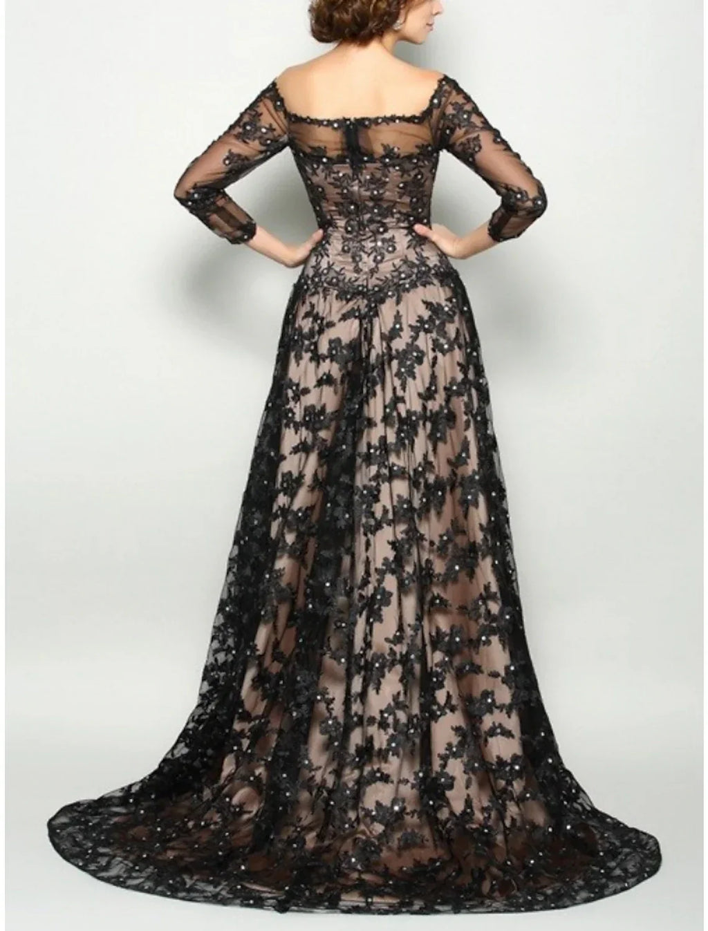 Mother of the Bride Dress Wedding Guest Elegant Square Neck Sweep / Brush Train 3/4 Length Sleeve with Ruching