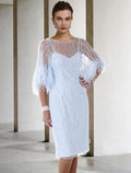 Mother of the Bride Dress Elegant Knee Length Half Sleeve with Feather Beading