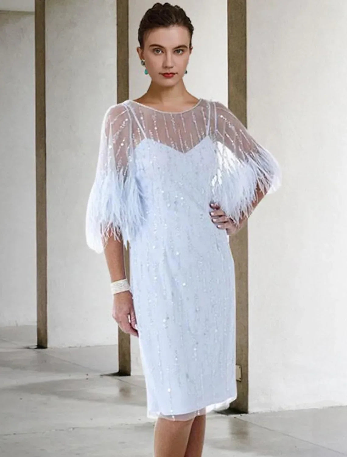 Mother of the Bride Dress Elegant Knee Length Half Sleeve with Feather Beading