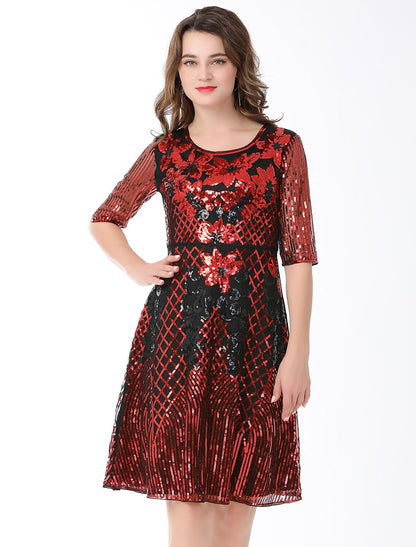 Vintage Red A-Line Classic-Neck Classic-Sleeve Classic-Back Knee-Length Evening Dress