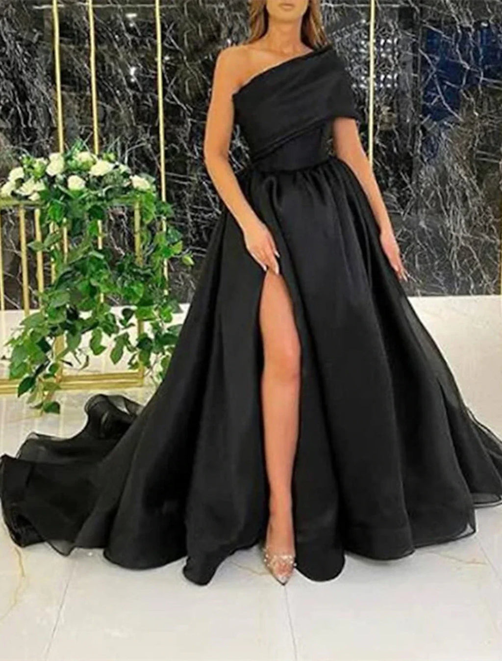 Ball Gown Evening Gown Celebrity Style Dress Wedding Guest Birthday Court Train Sleeveless One Shoulder Wednesday Addams Family