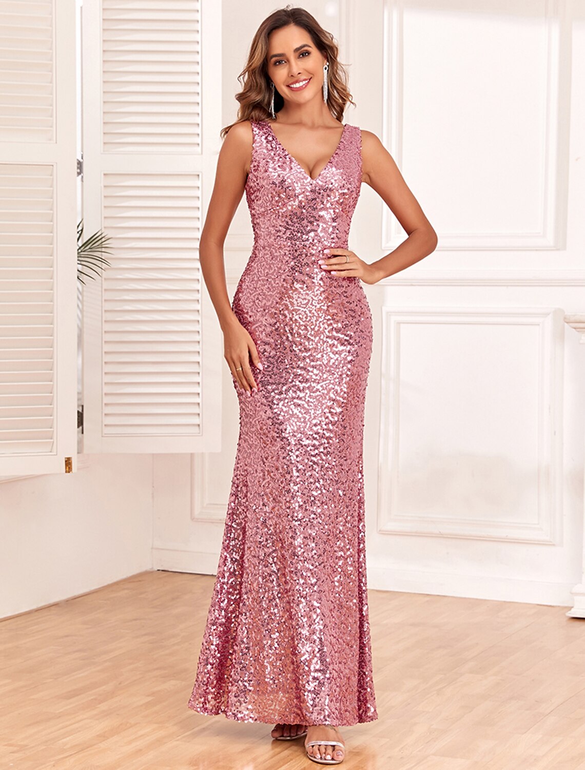 Mermaid / Trumpet Evening Gown Elegant Dress Evening Party Prom Floor Length Sleeveless V Neck Bridesmaid Dress Backless