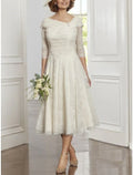 White Mother of the Bride Dress Wedding Guest Little Dresses Elegant Scoop Neck Tea Length 3/4 Length Sleeve with Pleats Crystals