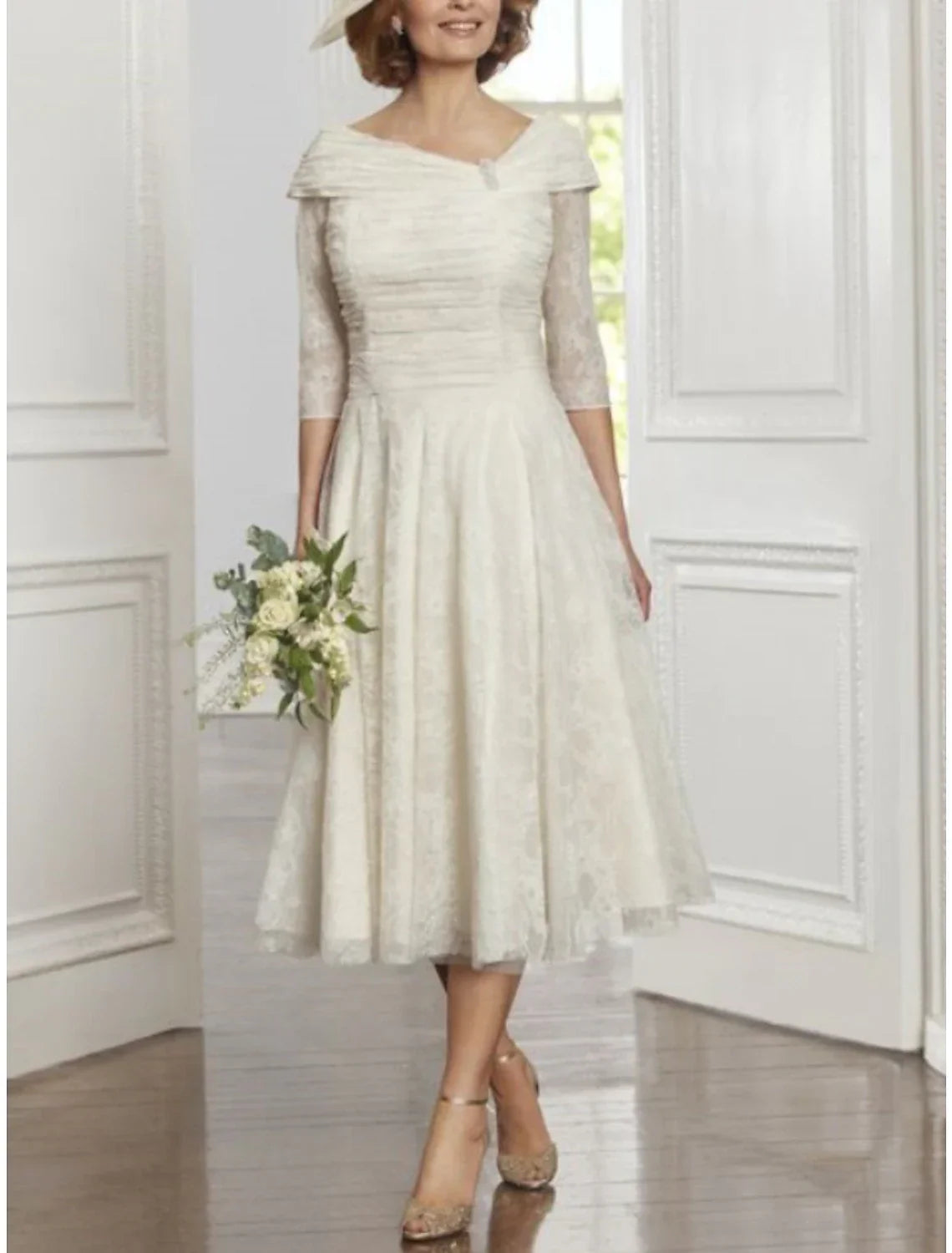 White Mother of the Bride Dress Wedding Guest Little Dresses Elegant Scoop Neck Tea Length 3/4 Length Sleeve with Pleats Crystals