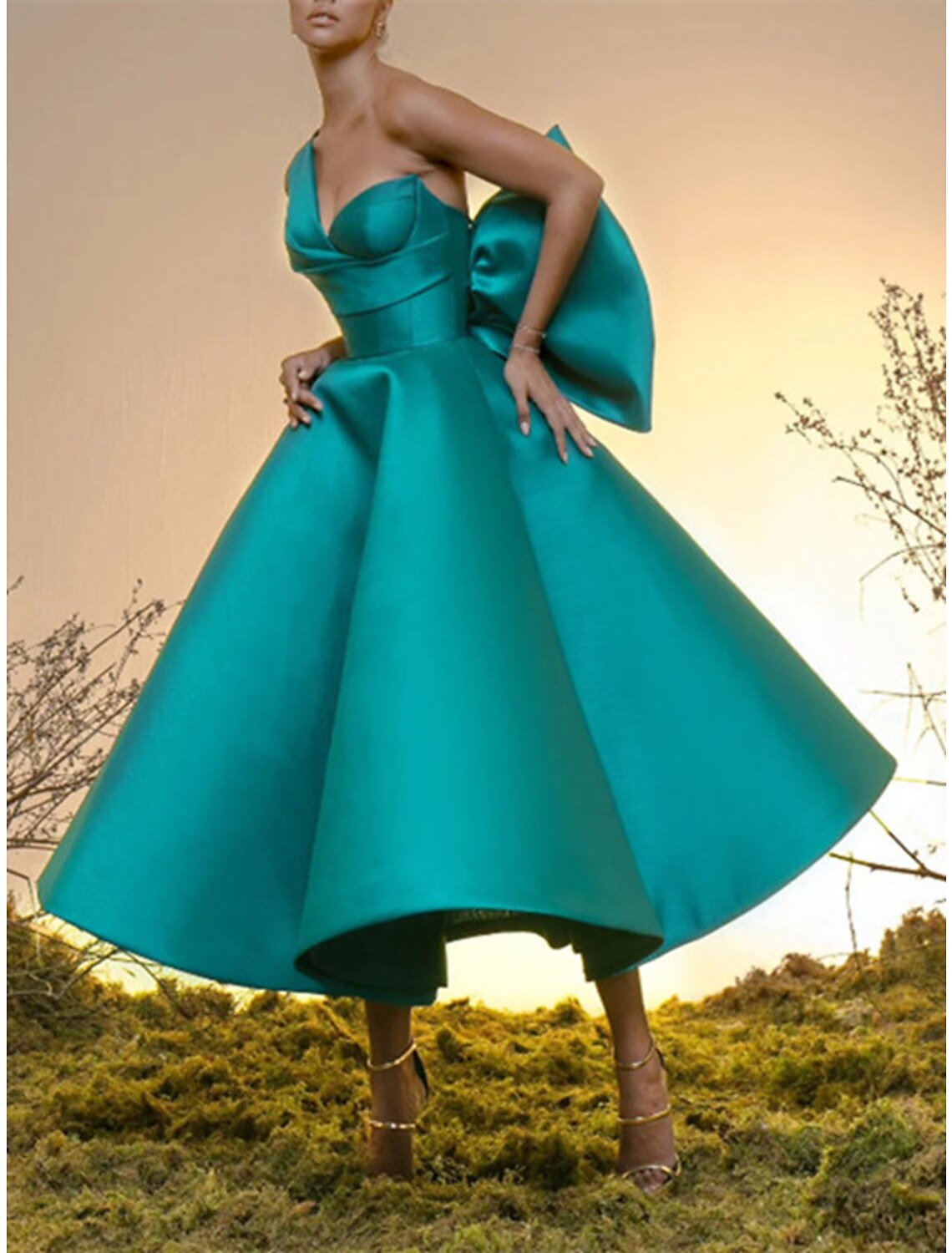 Black Ball Gown Cocktail Dress Vintage Dress Homecoming Wedding Guest Tea Length Sleeveless One Shoulder with Bow(s)