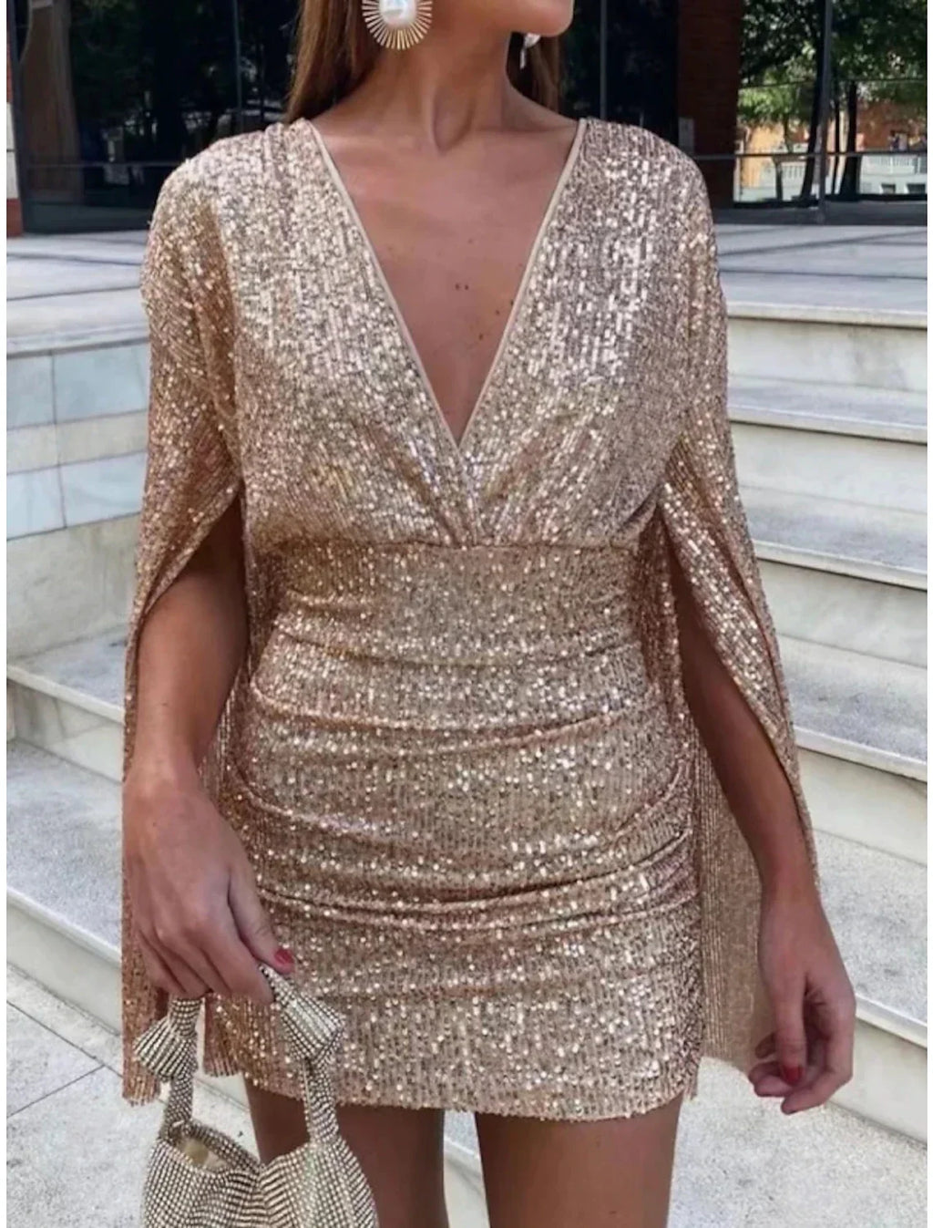 Sheath / Column Party Dresses Backless Dress Party Wear Short / Mini Long Sleeve V Neck Backless with Glitter Ruched