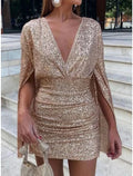 Sheath / Column Party Dresses Backless Dress Party Wear Short / Mini Long Sleeve V Neck Backless with Glitter Ruched