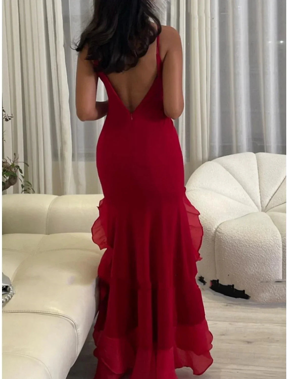 Green Evening Gown Elegant Dress Formal Ankle Length Christmas Red Dress Sleeveless Scoop Neck with Ruffles Slit