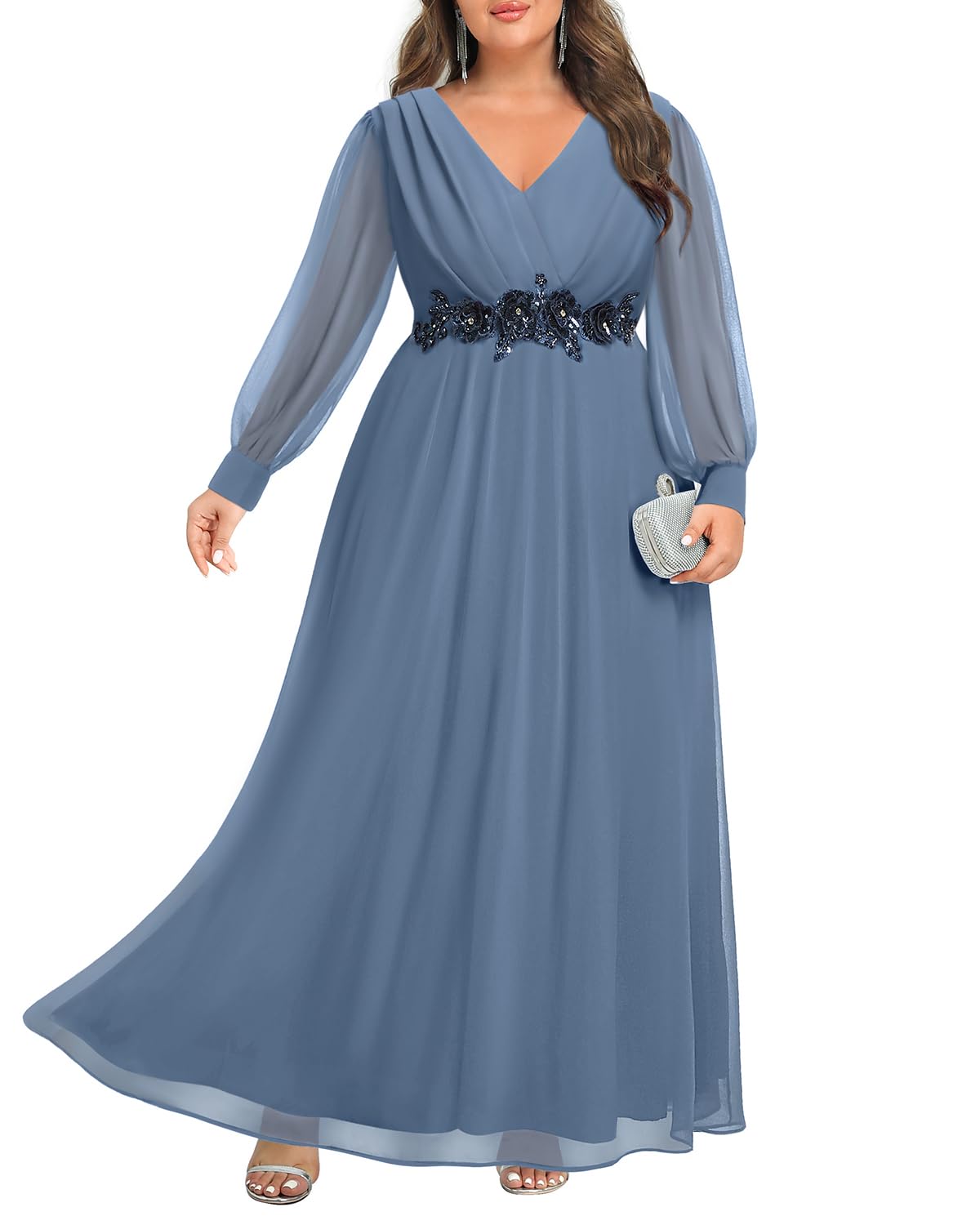 Mother of the Bride or Groom Dresses Fashion Women Plus Size Long Sleeve Applique Maxi Dress Formal Dress Wedding Guests Dresses