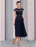 Mother of the Bride Dress Wedding Guest Elegant Scoop Neck Tea Length Short Sleeve with Ruching Solid Color