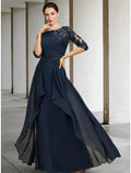 Mother of the Bride Dress Wedding Guest Elegant Scoop Neck Floor Length Half Sleeve with Ruching Solid Color