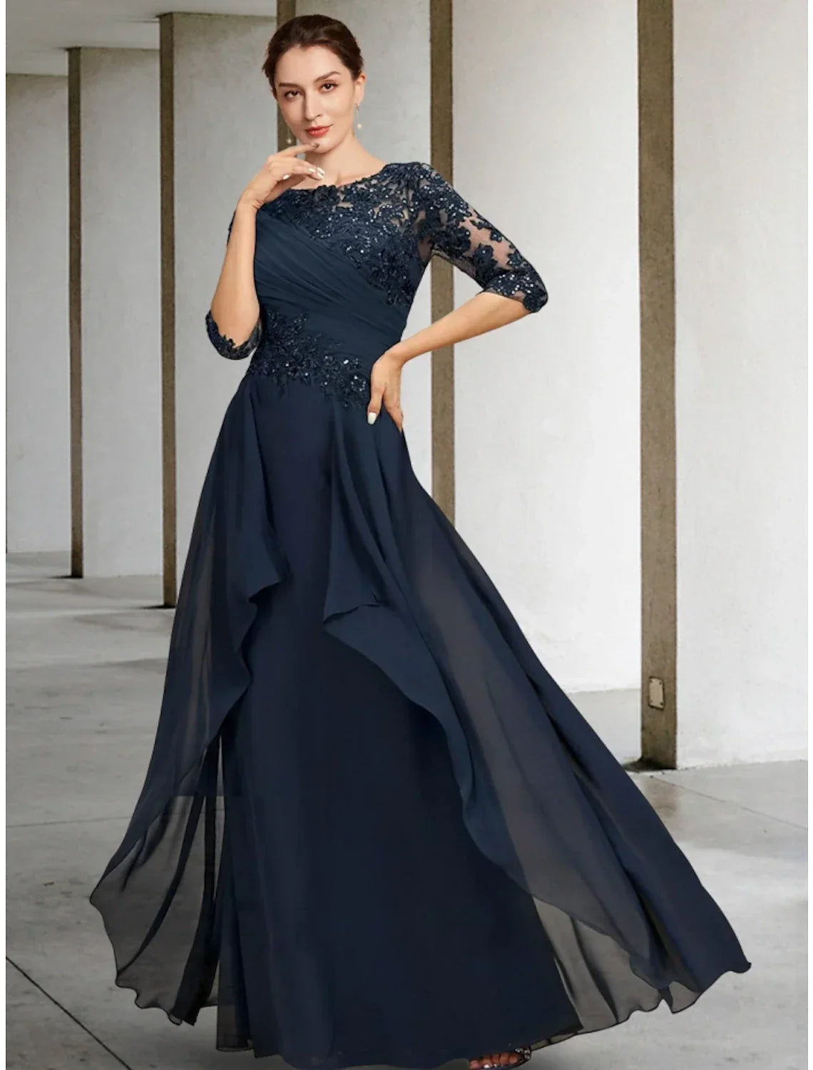 Mother of the Bride Dress Wedding Guest Elegant Scoop Neck Floor Length Half Sleeve with Ruching Solid Color