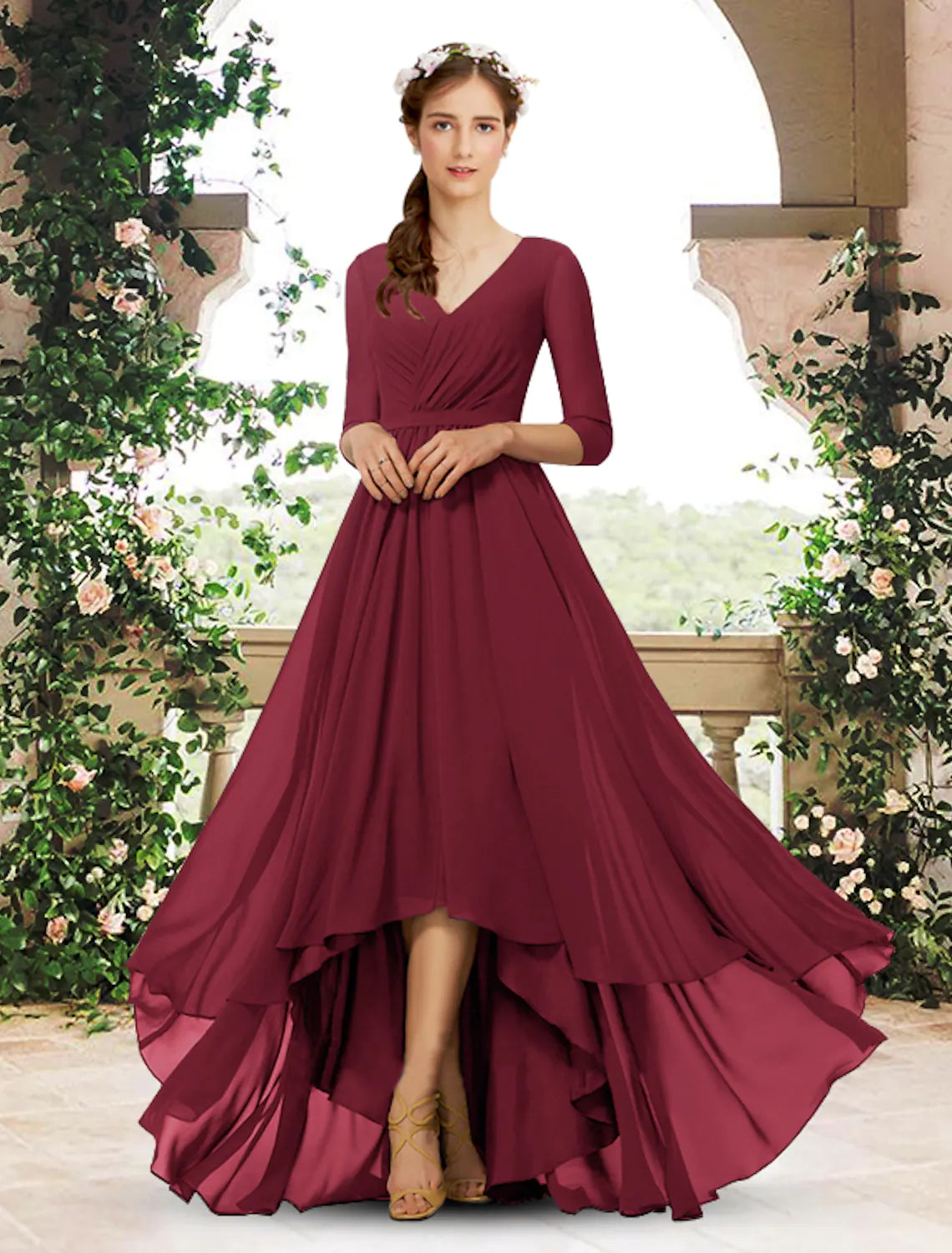 Bridesmaid Dress V Neck 3/4 Length Sleeve Elegant Sweep / Brush Train / Asymmetrical with Pleats
