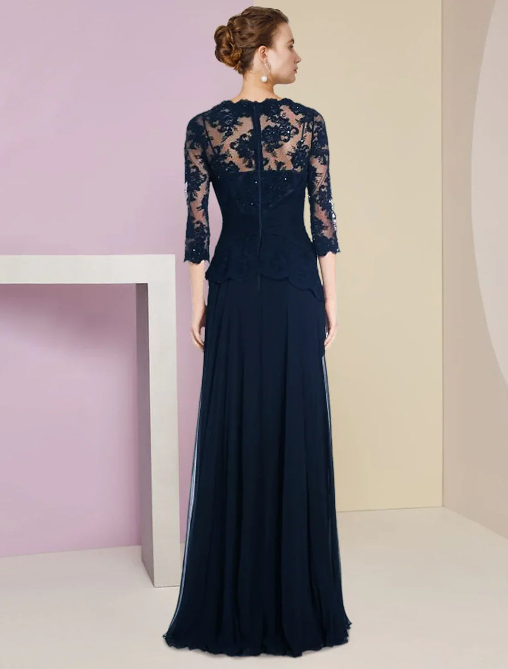 Mother of the Bride Dress Formal Wedding Guest Elegant Scoop Neck Floor Length Half Sleeve with Pleats Appliques Crystal Brooch