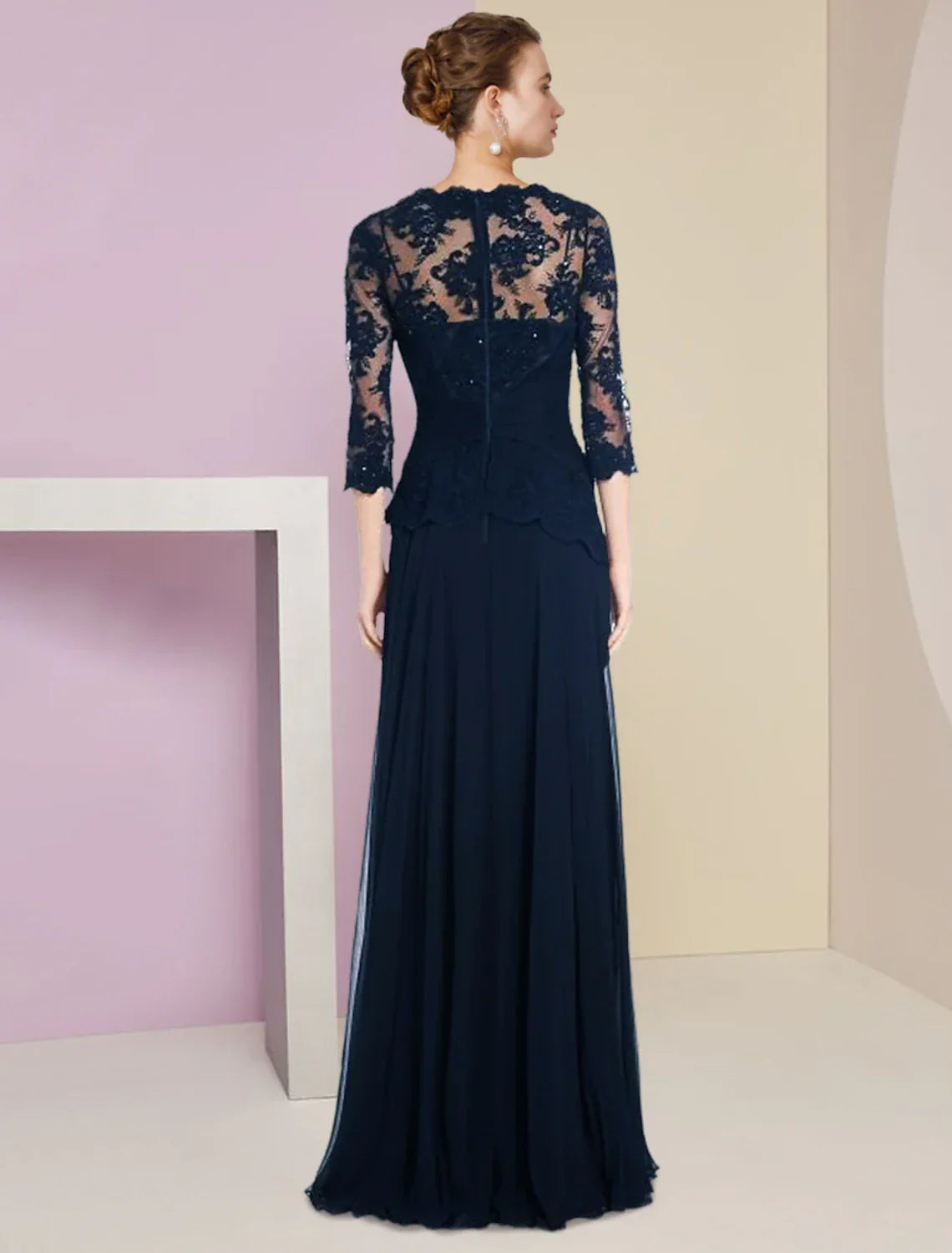 Mother of the Bride Dress Formal Wedding Guest Elegant Scoop Neck Floor Length Half Sleeve with Pleats Appliques Crystal Brooch