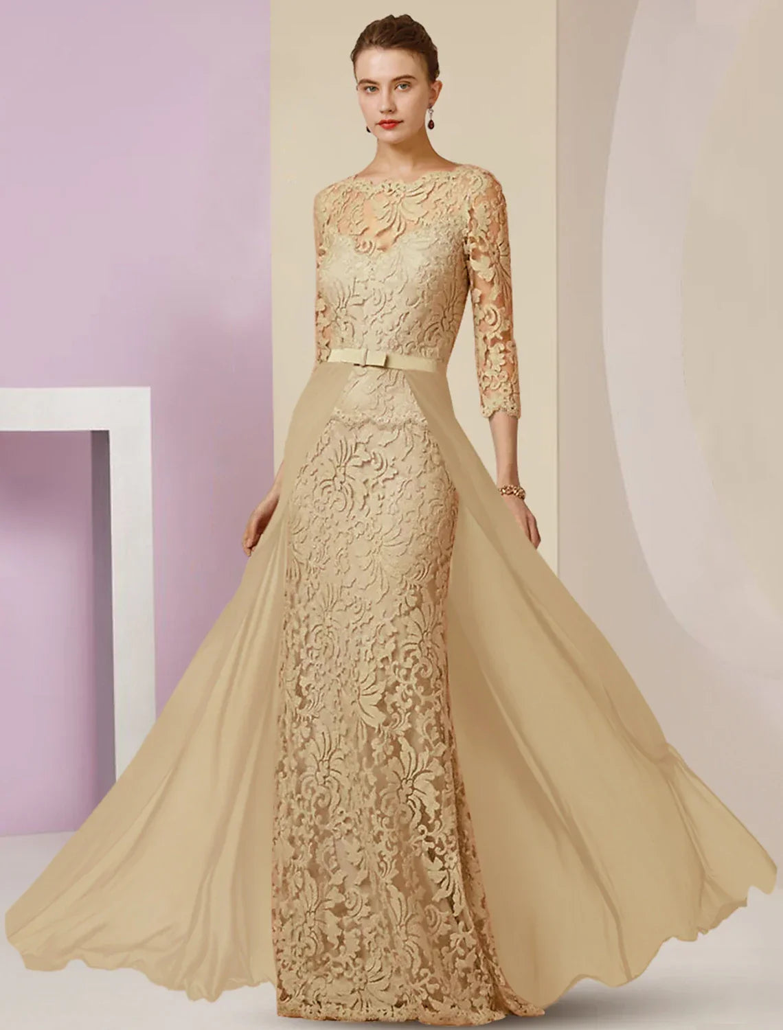 Sheath / Column Mother of the Bride Dress Formal Wedding Guest Party Elegant Scoop Neck Floor Length 3/4 Length Sleeve with Bow(s) Appliques