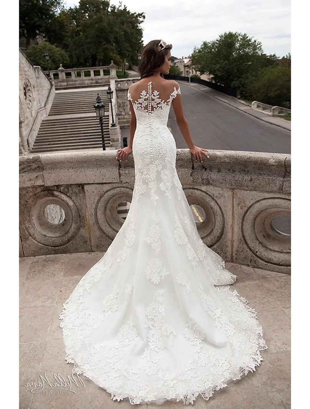 Engagement Open Back Formal Wedding Dresses Short Sleeve Off Shoulder Applique