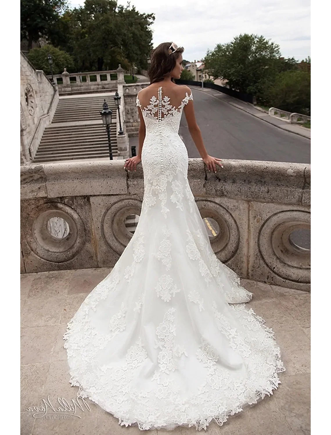 Engagement Open Back Formal Wedding Dresses Short Sleeve Off Shoulder Applique