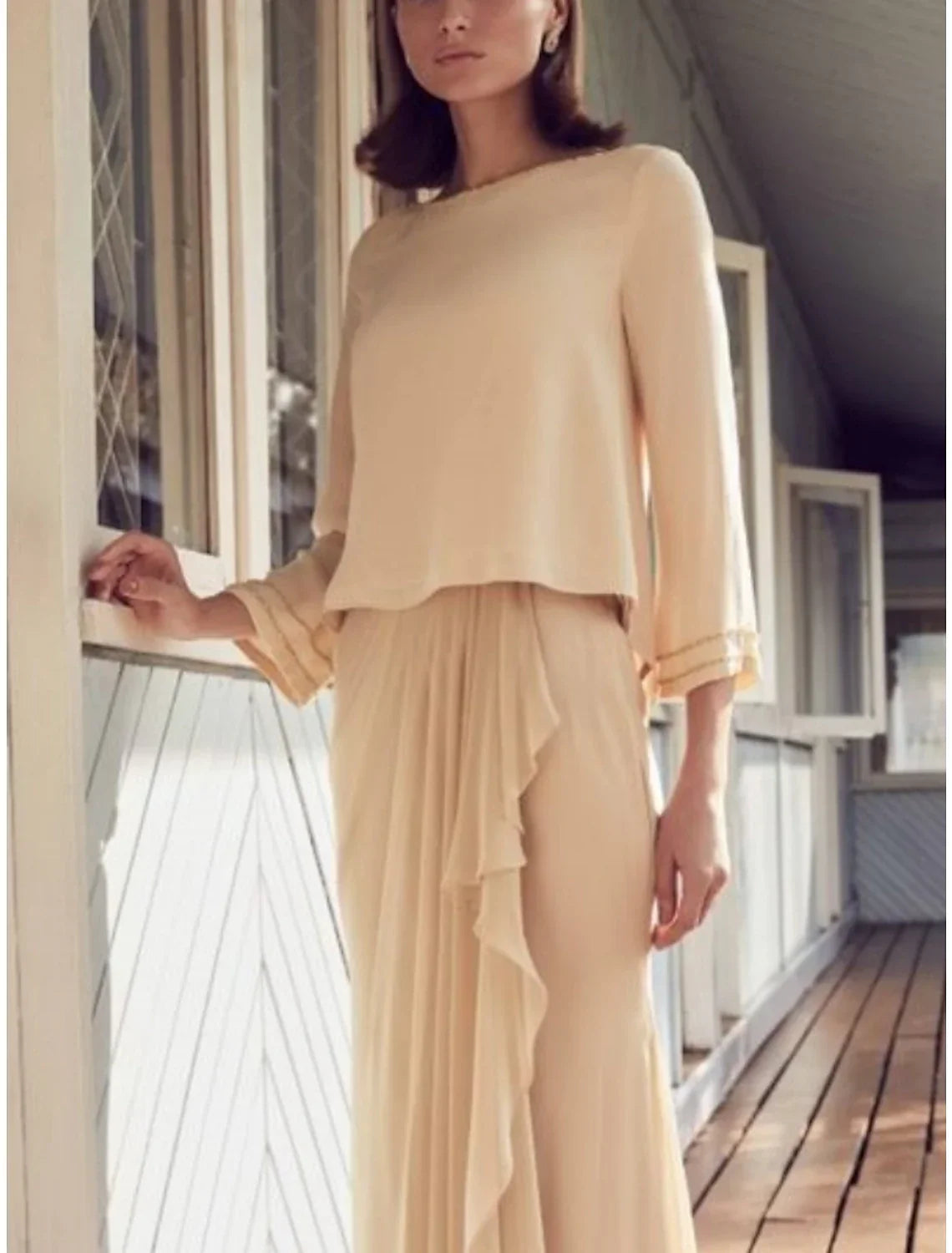 Sheath / Column Mother of the Bride Dress Wedding Guest Simple Elegant Scoop Neck Floor Length Long Sleeve with Pleats Ruffles