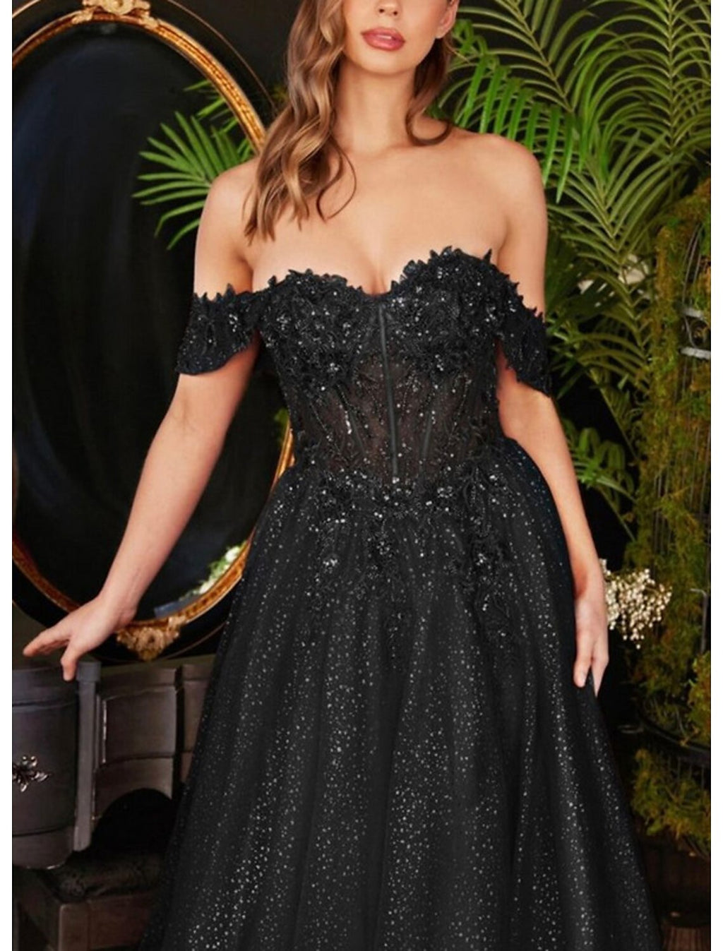 Evening Gown Glittering Dress Wedding Guest Party Wear Floor Length Short Sleeve Strapless Backless with Glitter Appliques