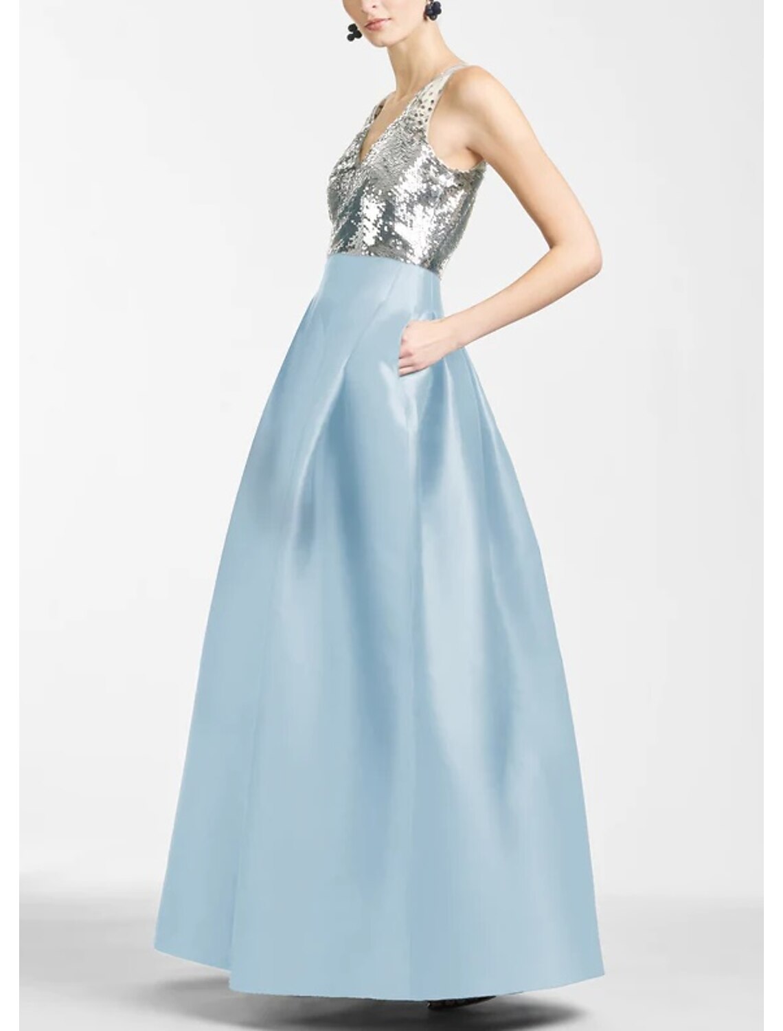 Evening Gown Color Block Dress Formal Prom Floor Length Sleeveless V Neck with Slit