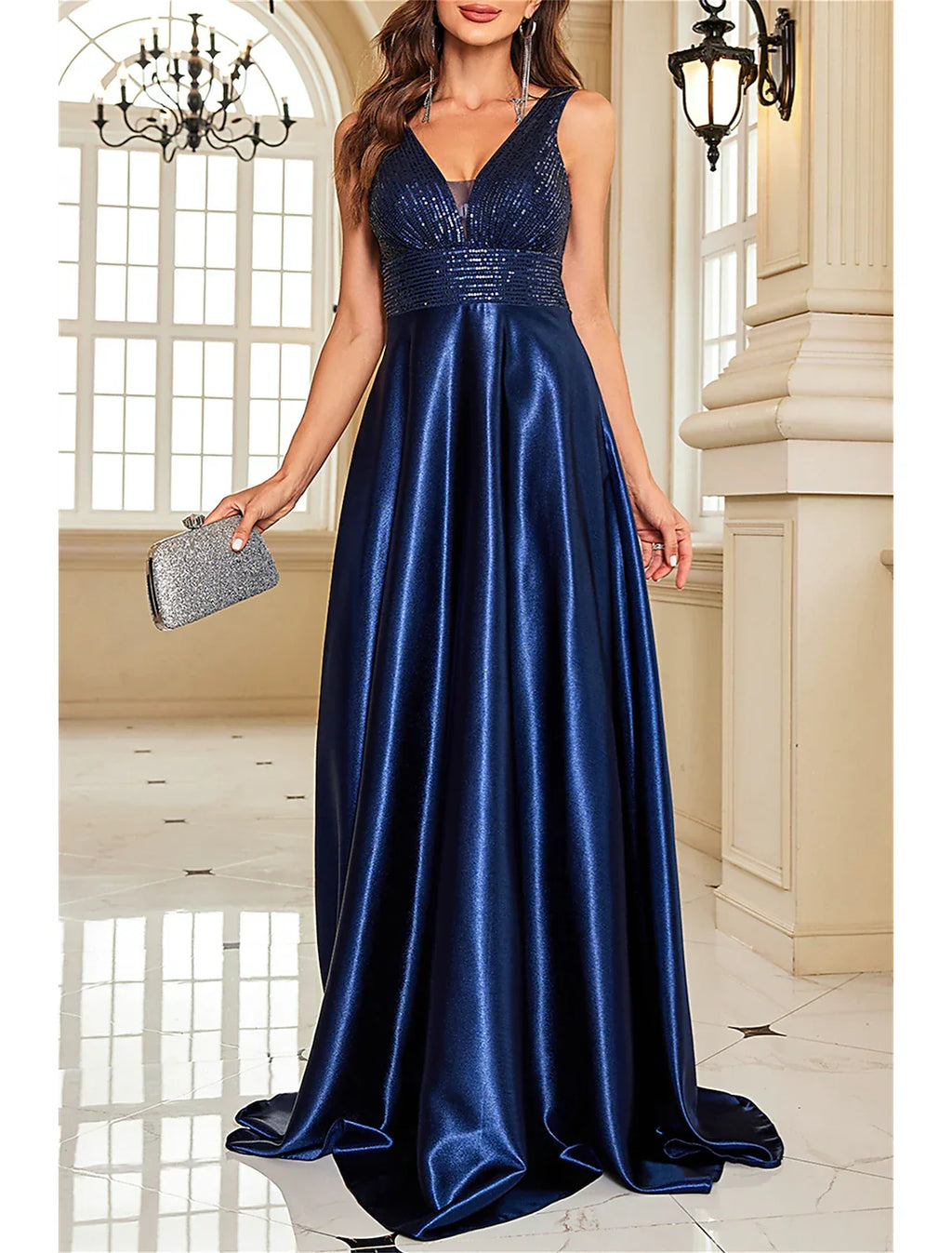 Mother of the Bride Dress Wedding Guest Party Sparkle & Shine Elegant V Neck Floor Length Sleeveless with Color Block