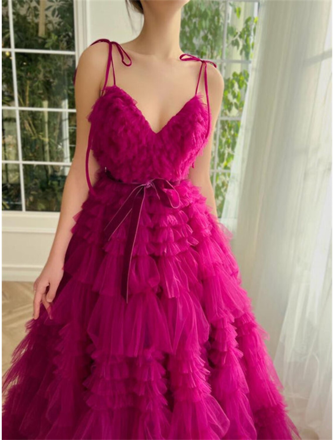 Ball Gown Evening Gown Puffy Dress Wedding Party Birthday Floor Length Sleeveless Spaghetti Strap with Ruffles Strappy