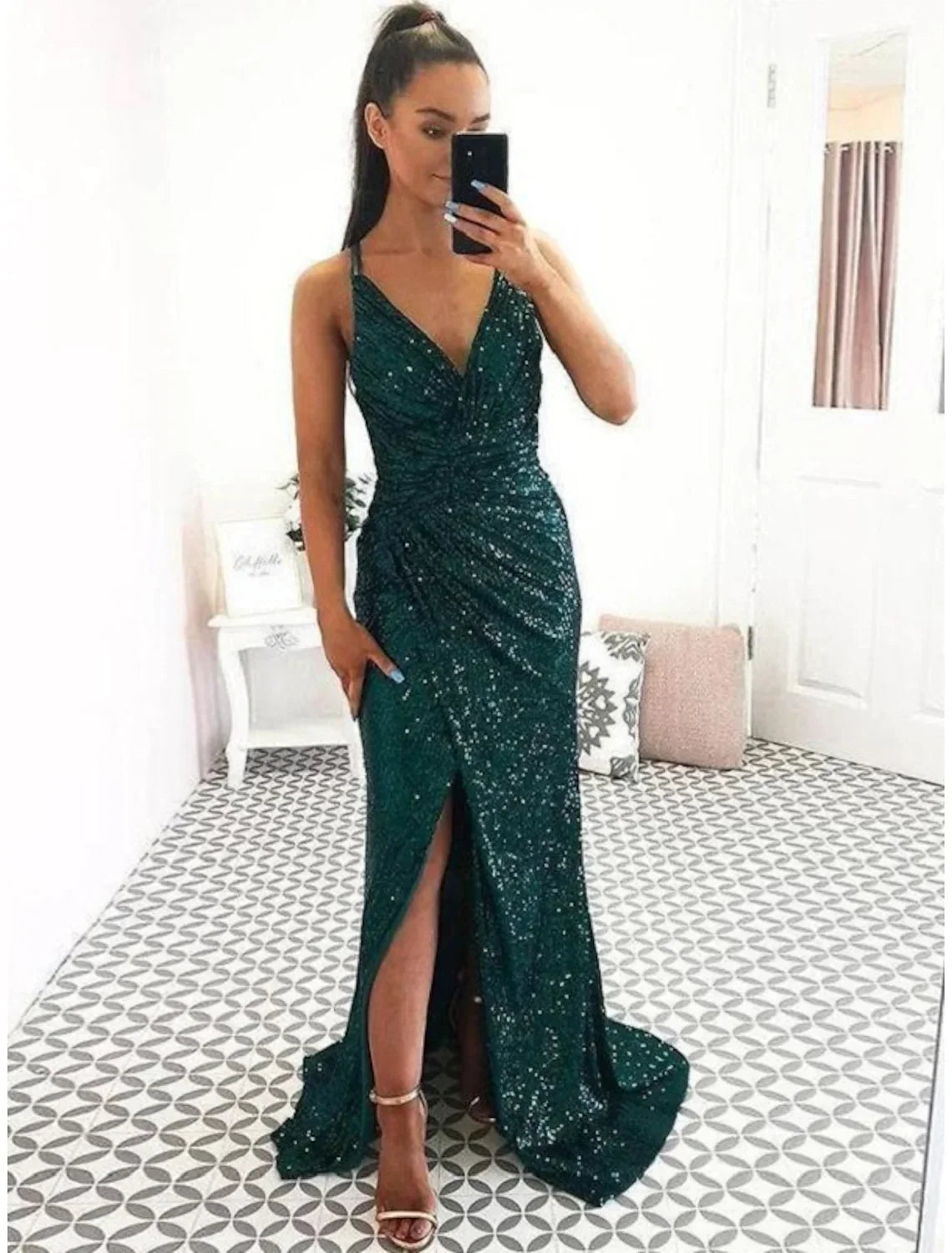 Sexy Dress Party Wear Sleeveless V Neck Backless with Slit