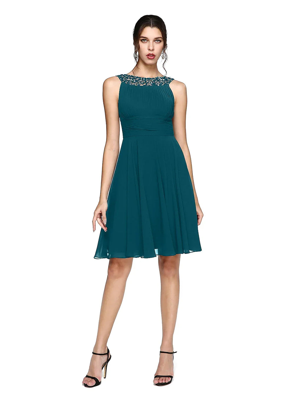 Cocktail Dresses Party Dress Wedding Guest Cocktail Party Knee Length Sleeveless Illusion Neck with Ruched