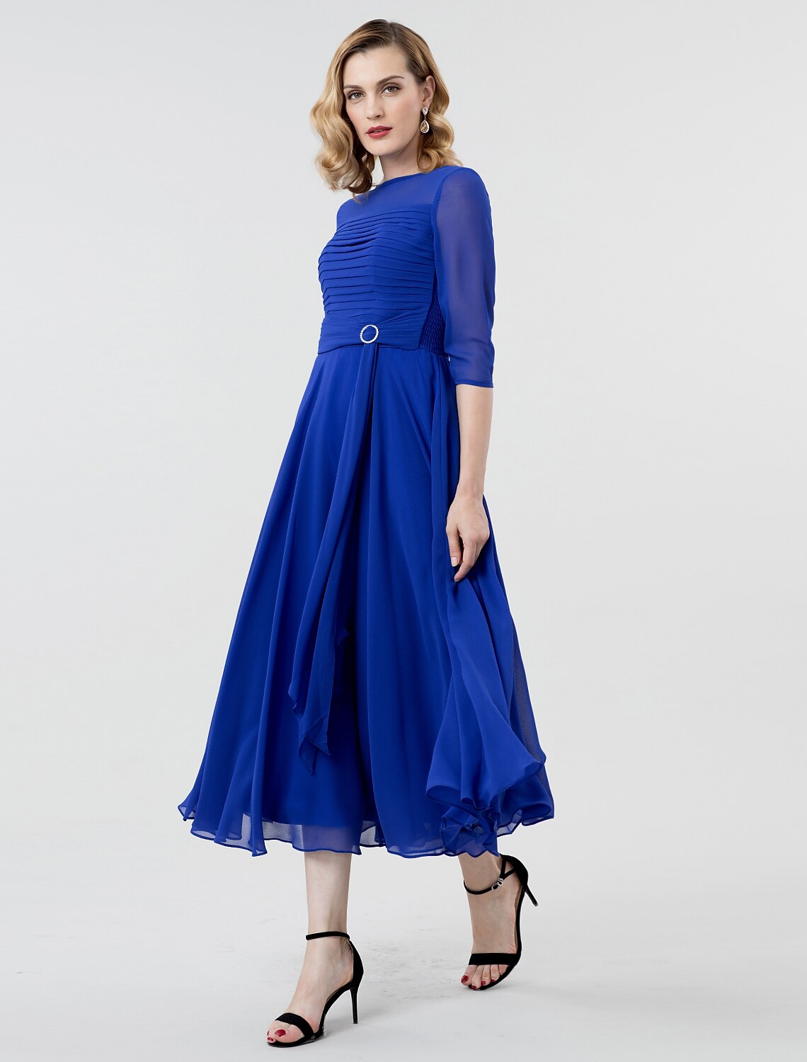 Formal Evening Wedding Party Dress Boat Neck 3/4 Length Sleeve Tea Length Georgette with Ruched Crystal Brooch