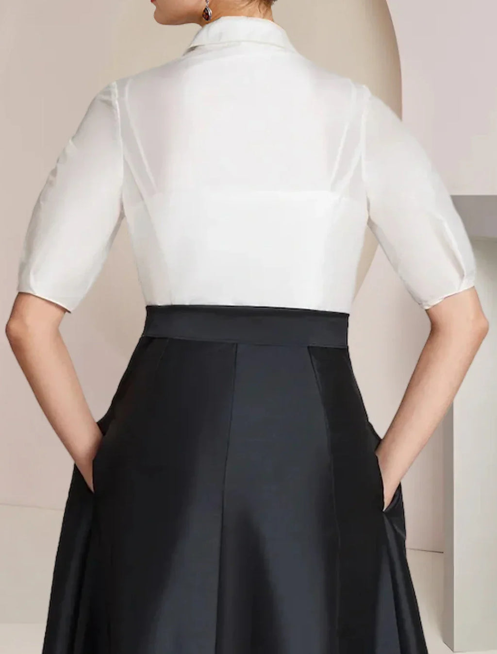 Mother of the Bride Dress Formal Wedding Guest Party Elegant Shirt Collar Floor Length Taffeta Short Sleeve with Bow(s) Color Block