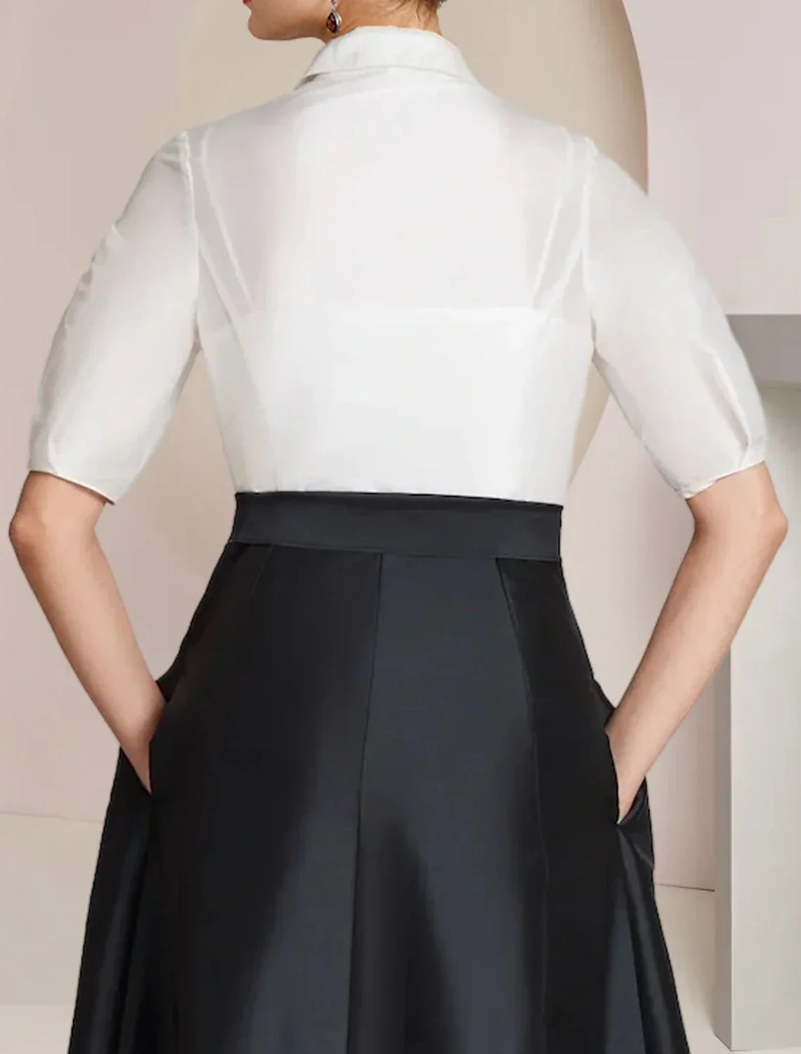 Mother of the Bride Dress Formal Wedding Guest Party Elegant Shirt Collar Floor Length Taffeta Short Sleeve with Bow(s) Color Block