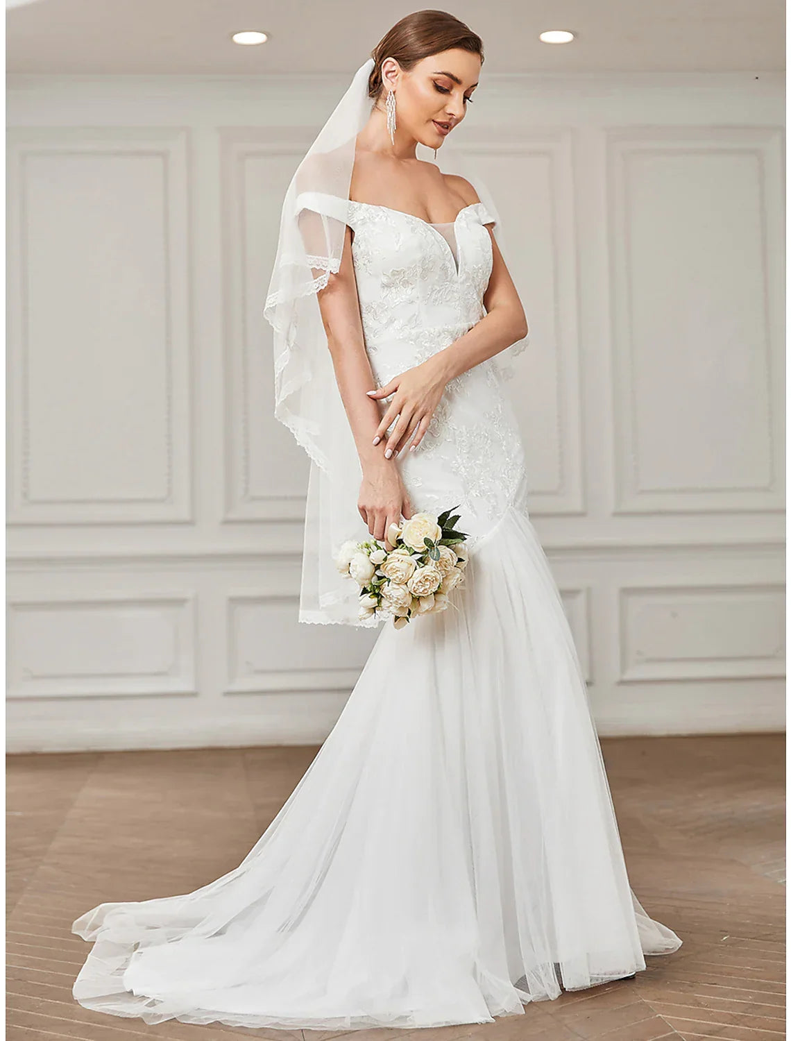 Beach Vintage Wedding Dresses Floor Length A-Line Short Sleeve Off Shoulder Appliques