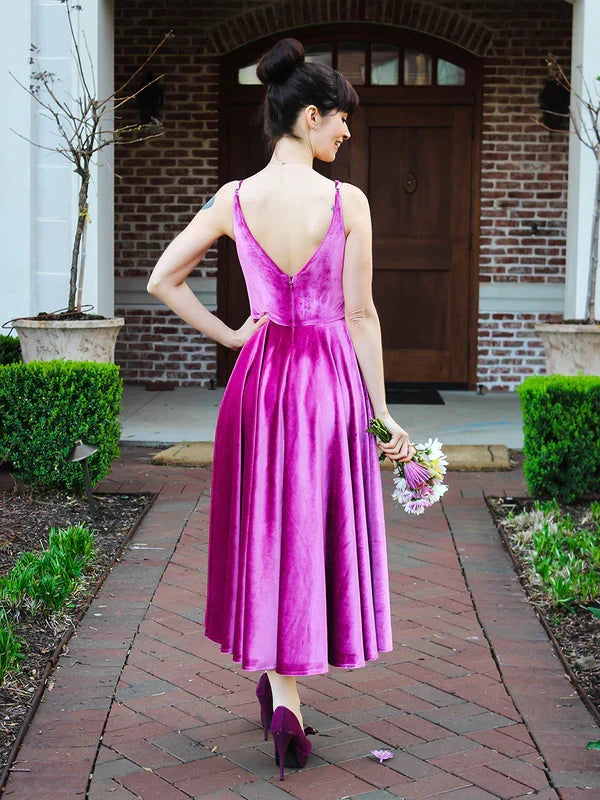 Spaghetti Straps A-line V-neck Midi Dresses