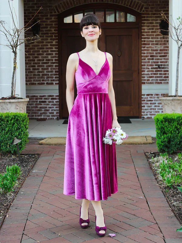 Spaghetti Straps A-line V-neck Midi Dresses