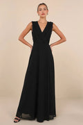 Black Long Evening Dress with Ruffled V - Neck and Flowy Skirt Dreamy Look for Elegant Galas