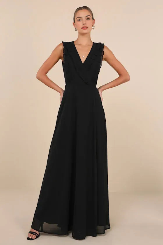 Black Long Evening Dress with Ruffled V - Neck and Flowy Skirt Dreamy Look for Elegant Galas