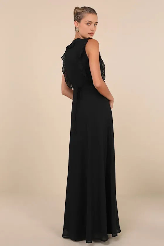 Black Long Evening Dress with Ruffled V - Neck and Flowy Skirt Dreamy Look for Elegant Galas