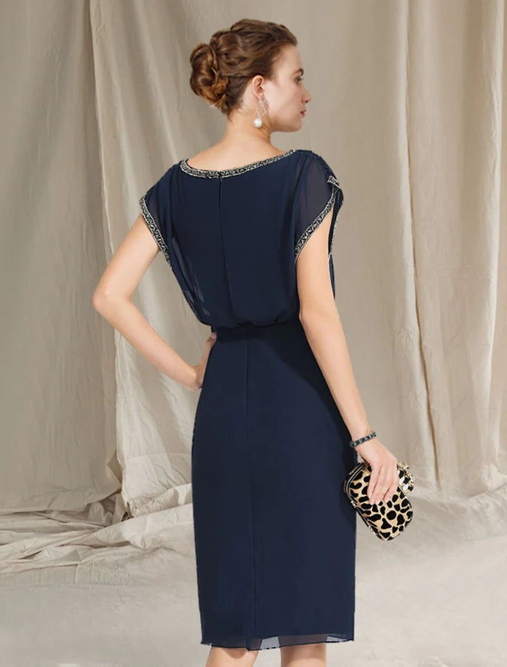 Glamorous sheath bateau dolman sleeve zipback knee mother of the bride dresses