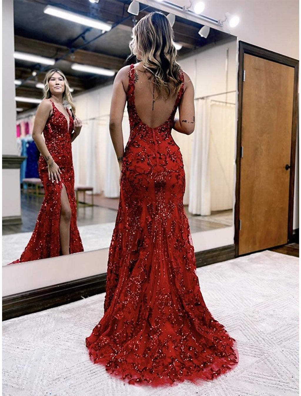 Trumpet Prom Dresses Sparkle Shine Dress Formal Sleeveless V Neck Backless