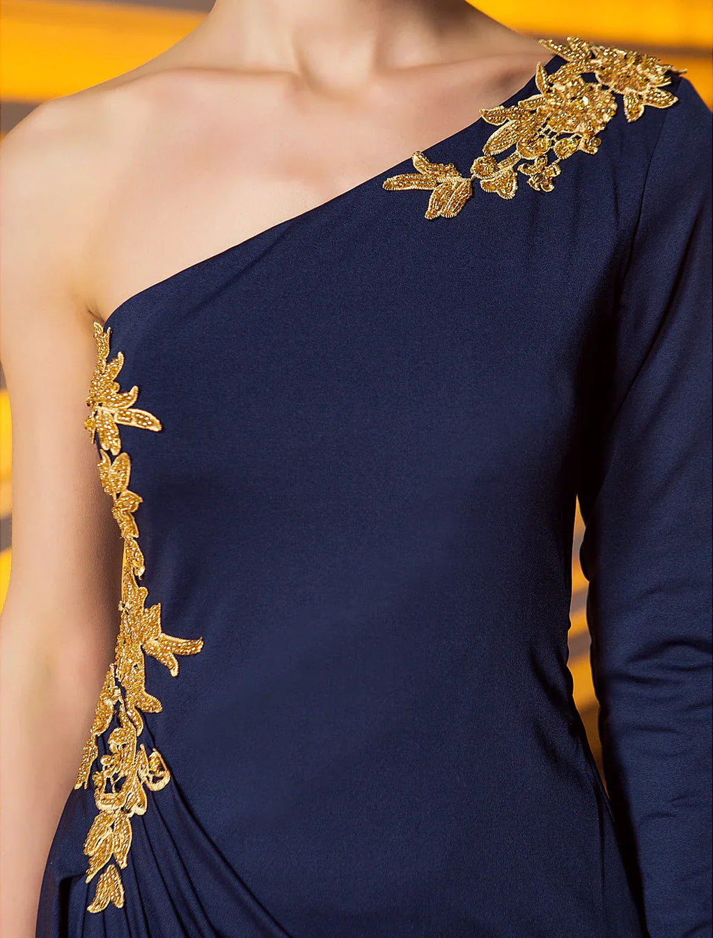 Sheath / Column Celebrity Style Party Wear Formal Evening Dress One Shoulder Long Sleeve Ankle Length with Beading Draping Appliques