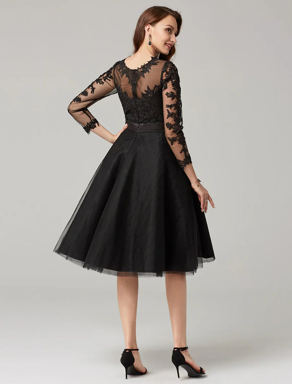 Wedding Guest Knee Length 3/4 Length Sleeve Illusion Neck Over with Appliques