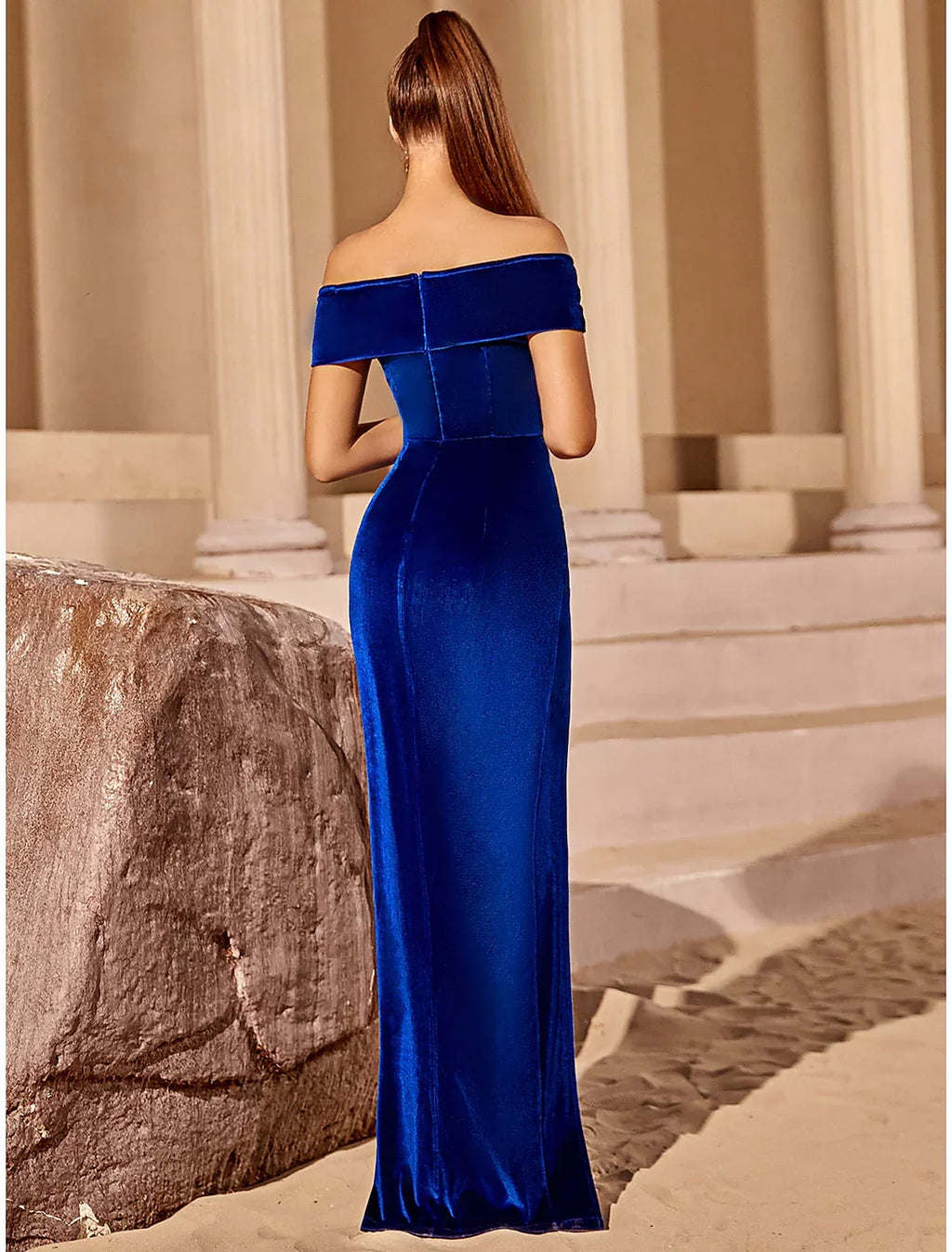 Blue Sheath / Column Party Dresses Elegant Dress Party Wear Floor Length Short Sleeve Off Shoulder with Ruched