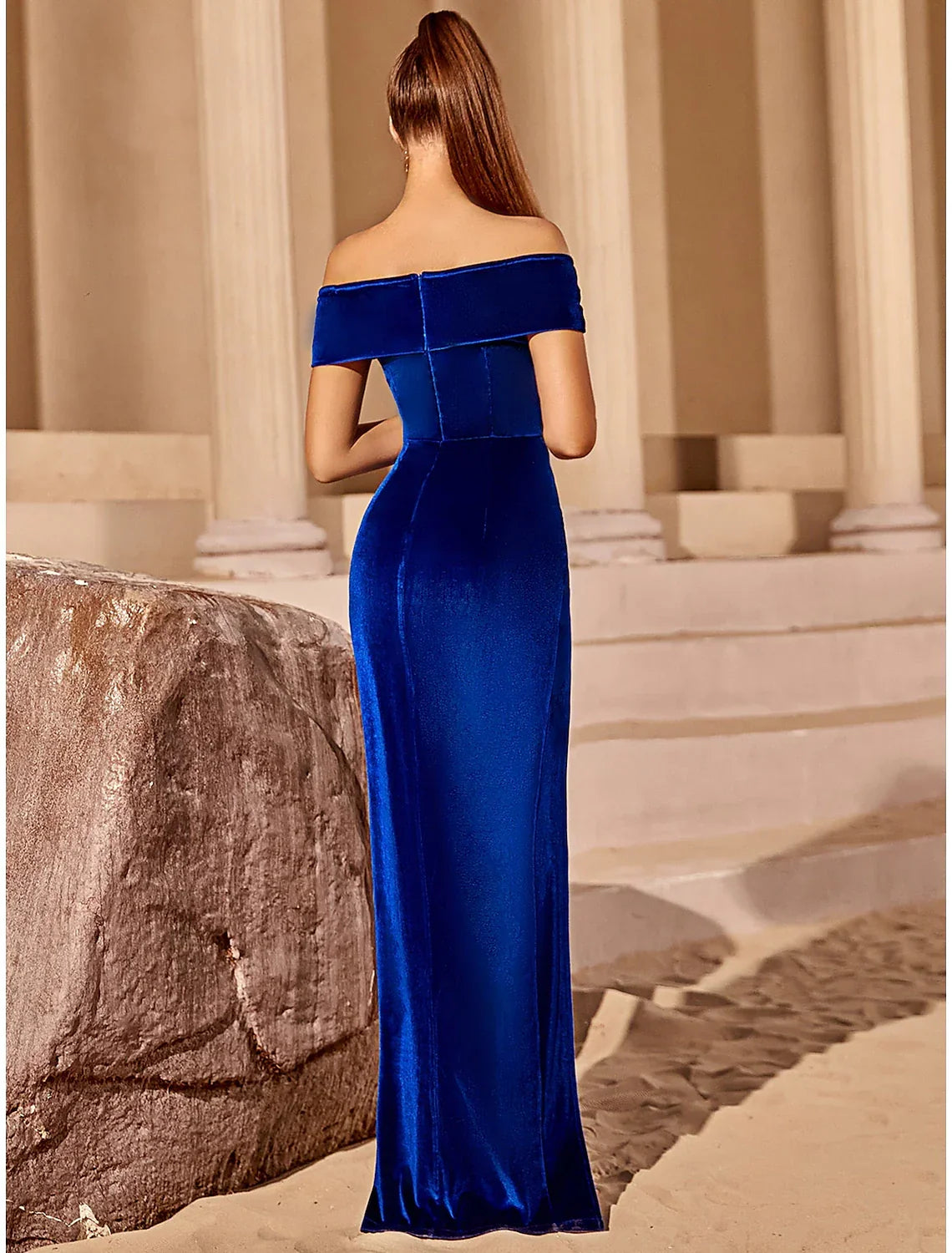 Blue Sheath / Column Party Dresses Elegant Dress Party Wear Floor Length Short Sleeve Off Shoulder with Ruched