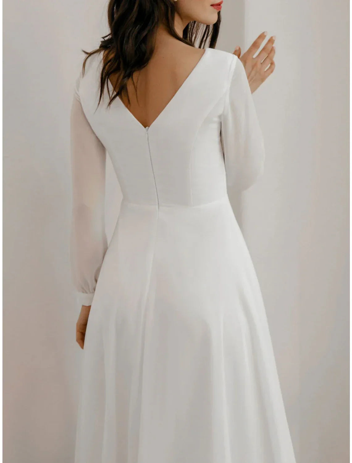 White Cocktail Dresses Little Dresses Dress Wedding Reception Tea Length Long Sleeve Jewel Neck Fall Wedding Guest V Back with Ruffles Pure Color