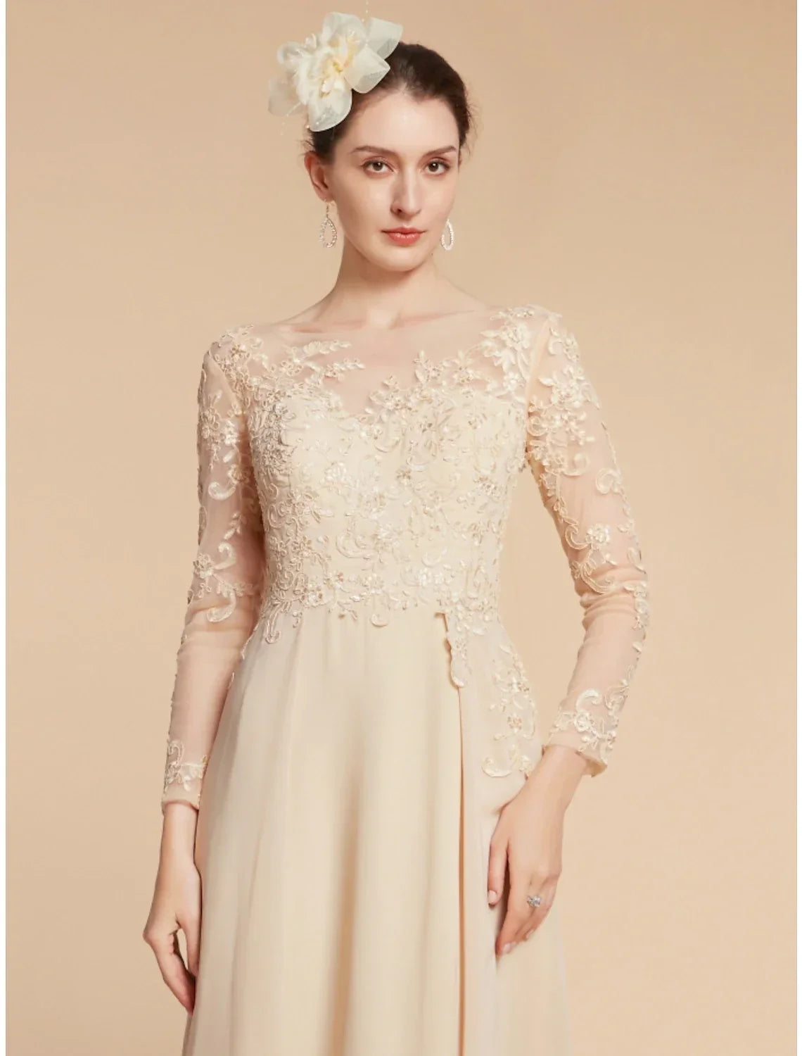 Mother of the Bride Dress Wedding Guest Elegant Jewel Neck Ankle Length Long Sleeve with Ruching Solid Color