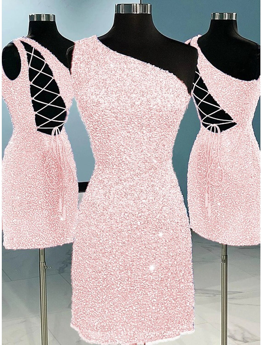 Short / Mini One Shoulder Sheath / Column Homecoming Dresses Sparkle & Shine Dress Holiday Sleeveless with Glitter Strappy