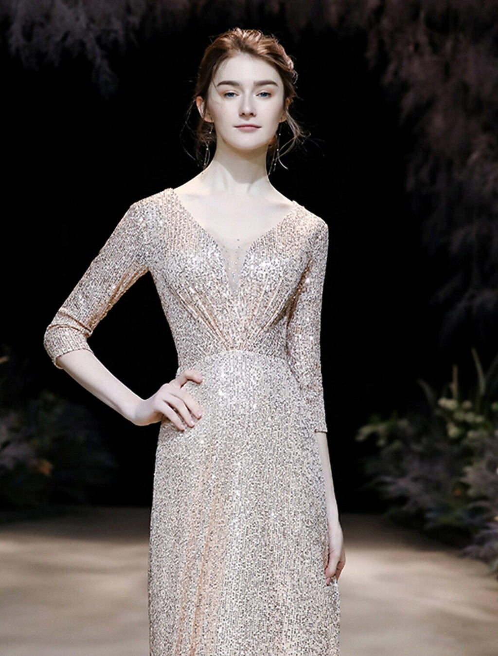 Sparkle Dress Engagement Floor Length Sleeve V Neck with Pleats