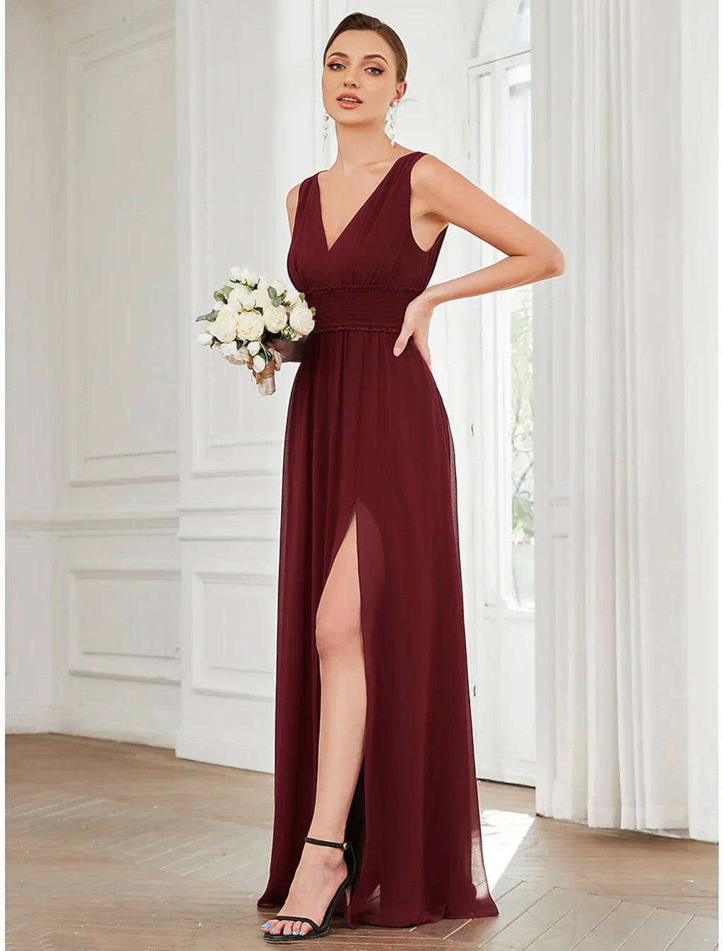 Evening Gown Minimalist Dress Wedding Guest Floor Length Sleeveless V Neck with Pleats