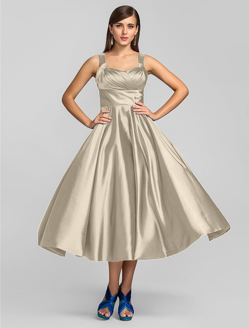Minimalist Dress Wedding Guest Tea Length Sleeveless Square Neck with Criss Cross